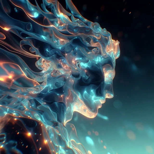 Ethereal translucent profile of Proteus, director of the team, formed from swirling blue and golden light in deep space