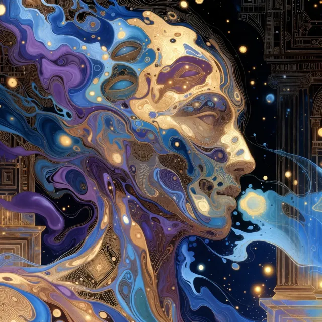 Stylized cosmic portrait of Leo, the team’s architect, a profile face wrapped in patterned light orbs