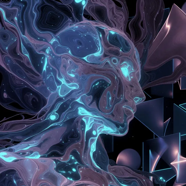 Stylized cosmic portrait of Mozi, the team’s coder, traced with glowing cyan contours in swirling fluid