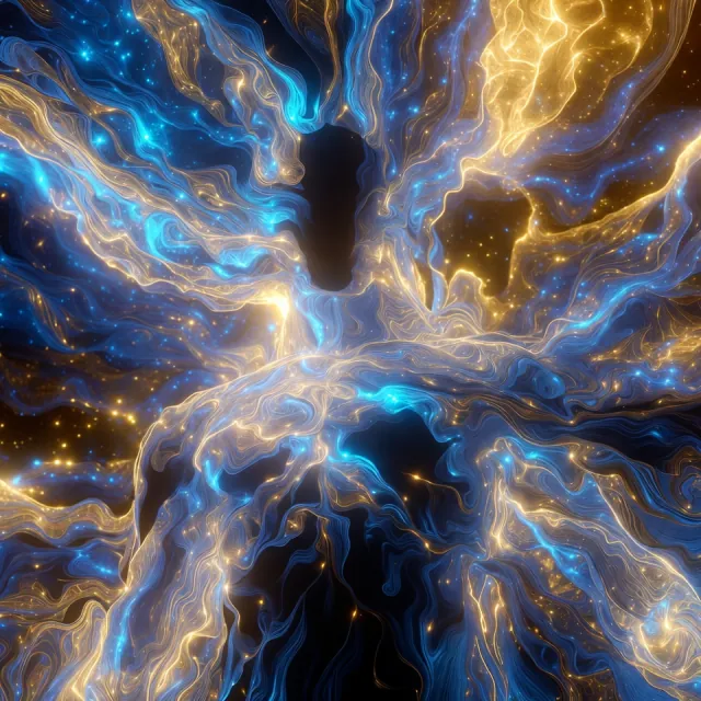 Flowing filaments of electric blue and golden light on black, representing Orda, the team’s mission-control layer